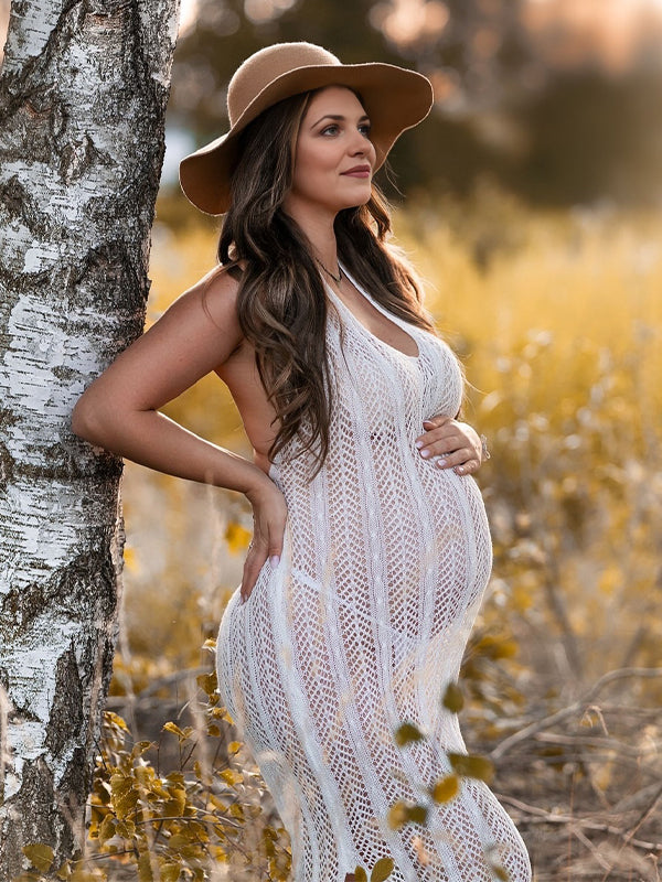 Fotobeyou White Knit Cut Out Backless Photoshoot Maternity Maxi Dress