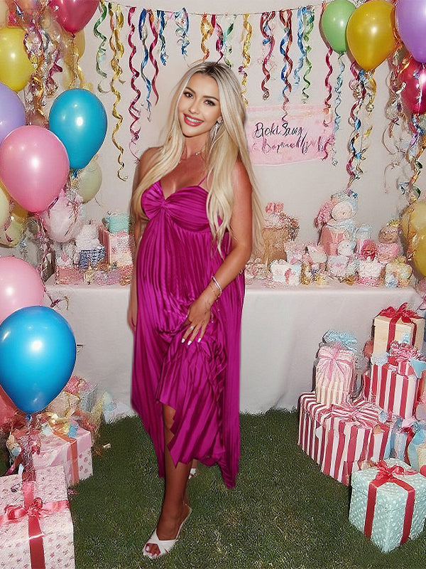 Fotobeyou Rose Carmine Pleated Irregular Baby Shower Maternity Maxi Dress