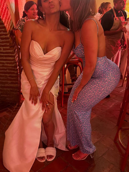 fotobeyou Blue Flowers Spaghetti Straps Backless Mermaid Bodycon Elegant Photoshoot Maternity Baby Shower Midi Dress