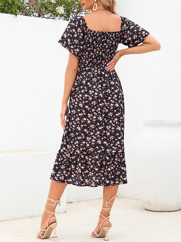 fotobeyou Black And Pink Print Flowers Square Neck Ruffle Flowy Elegant Maternity Photoshoot Midi Dress