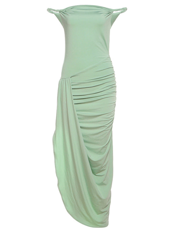 fotobeyou Green One Shoulder Irregular Ruched Side Slit Maternity Midi Dress