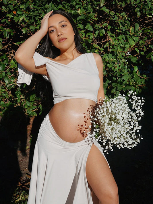 fotobeyou White Off Shoulder Ruched Two Piece Set Asymmetrical Neck Crop Top and Side Slit Ruffle Midi Skirt Elegant Maternity Photoshoot Midi Dress