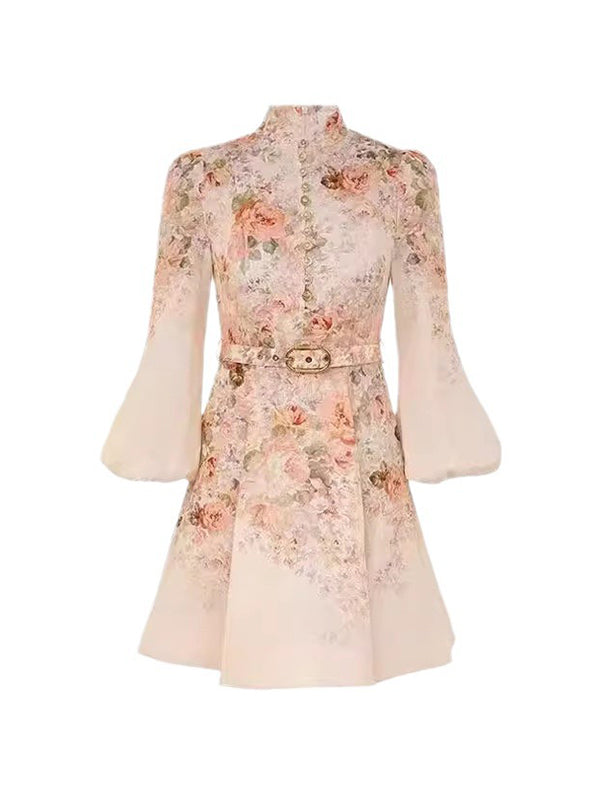 fotobeyou Floral Single Breasted Belt A-line Lantern Sleeve Sweet Maternity Baby Shower Mini Dress