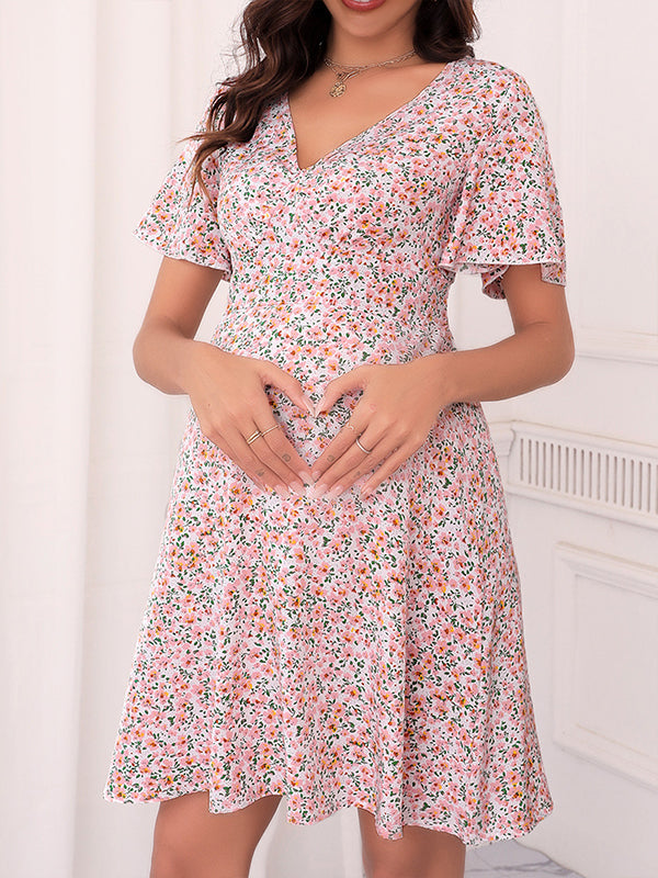 fotobeyou Pink Flowers V-neck Short Sleeve Flowy Elegant Party Maternity Baby Shower Mini Dress
