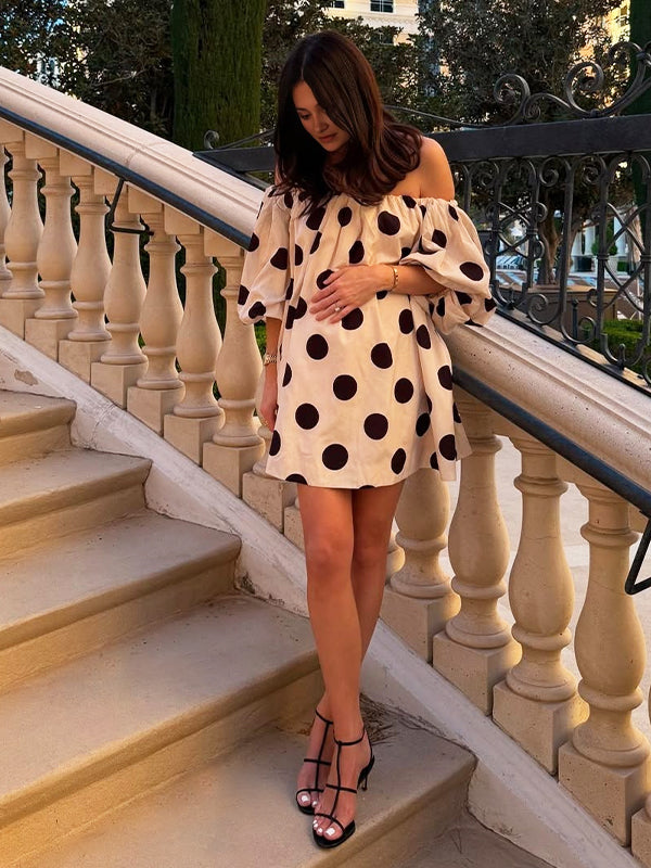 fotobeyou White And Black Wave Point Off-shoulder Puff Sleeve Elegant Maternity Mini Dress