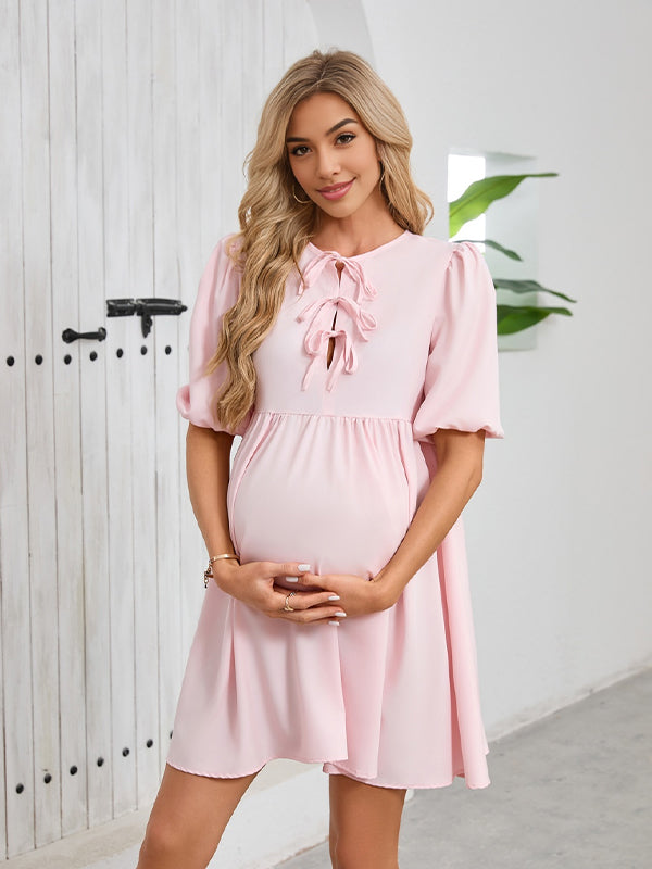 fotobeyou Pink Puff Sleeve lace-up Bow Elegant Maternity Photoshoot Mini Dress