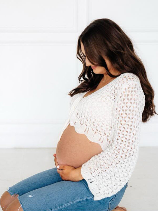 fotobeyou White Crochet Drawstring Lace Flare Sleeve Photoshoot Maternity Other Tops