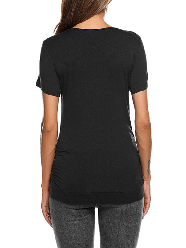 fotobeyou Buttons Ruched Front Open Breastfeeding T-shirt Casual Maternity Nursing Top