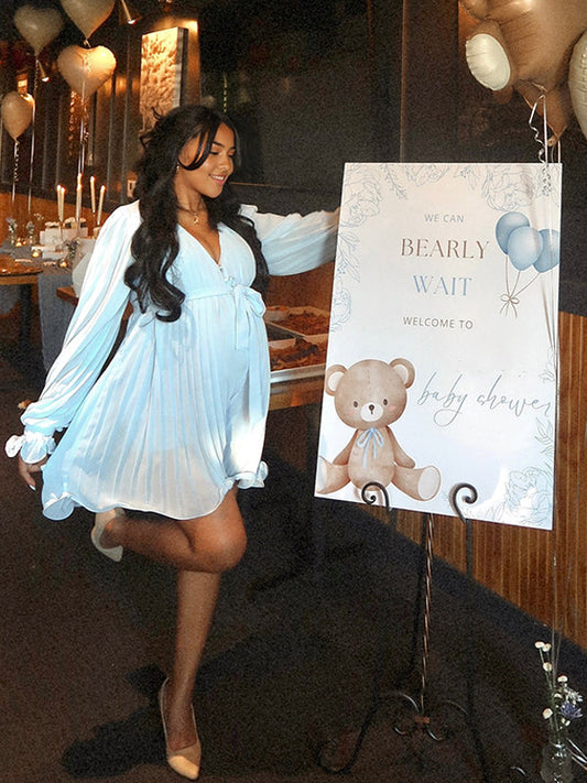 fotobeyou Blue Pleated Belt Single Breasted Elegant Maternity Baby Shower Short Jumpsuit