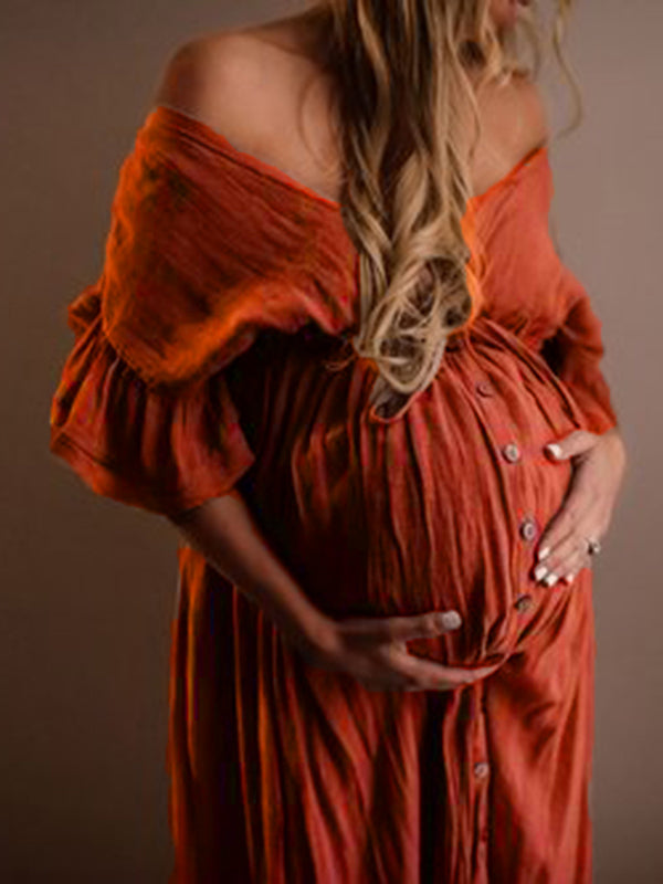 fotobeyou Red Drawstring Single Breasted Ruffle Tie Back Maternity Photoshoot Maxi Dress