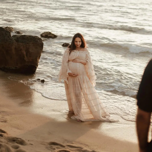Bohemian Photo Shooting Pregnancy Dress Folded Chiffon Two-Piece Set Button up Dress Elegant Dress in Photography Studio