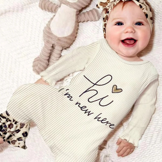 Newborn Baby Girl Romper Set Leopard Print Ribbed Cotton Headband Hi Im New Here