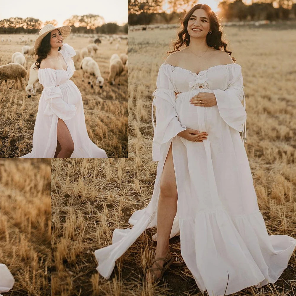 Maternity Linen Cotton Long Sleeved One Shoulder Elegant Two-piece Set Dress