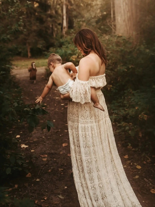 Maternity Dresses For Photo Shoot Simple Elegant Cotton Thread Embroidered Off Shoulder Two Piece Photography Dress For Women