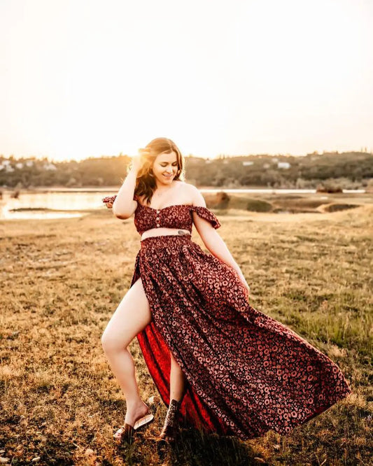 Cotton Maternity Photography Dresses Minimally Printed Cotton Maternity Two-Piece Set Bohemian Photo Shooting Pregnancy Dress