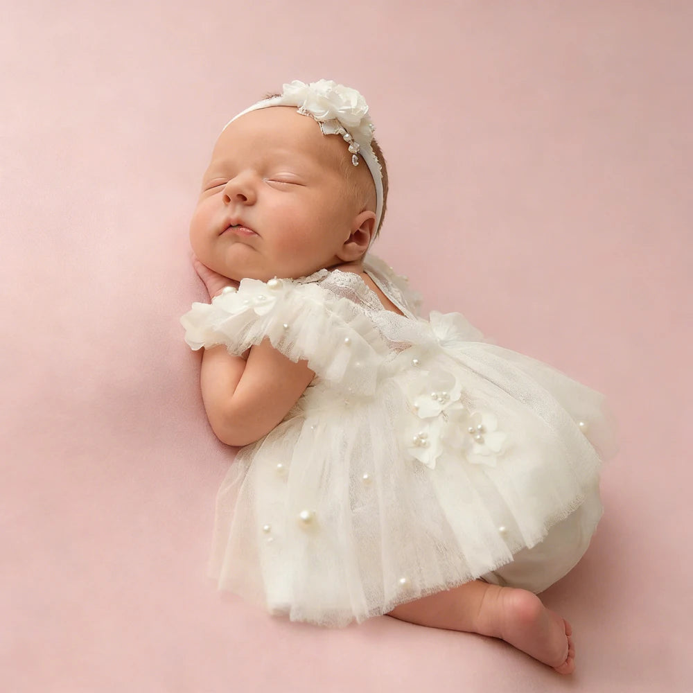 Baby Girl White Tutu Dress Pearl Embellished Ruffle Lace Tulle Skirt Newborn Set
