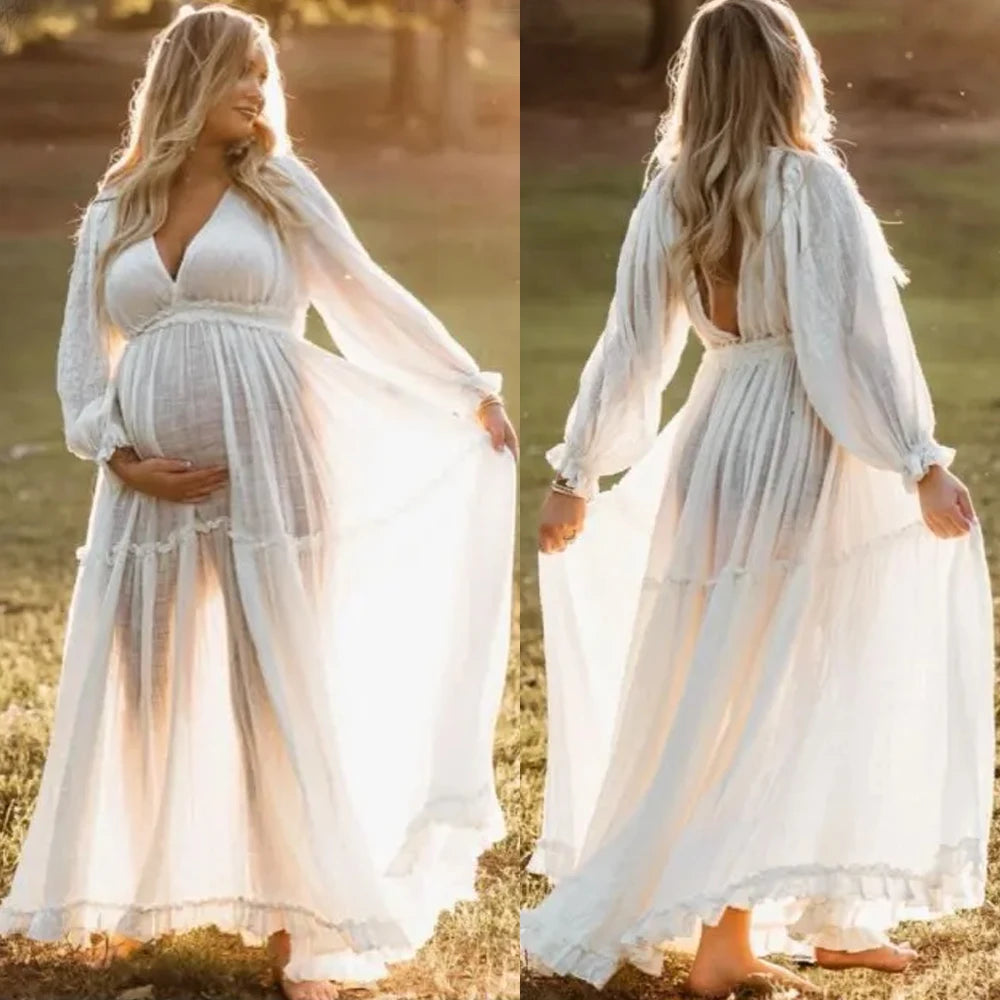 Maternity Linen Cotton Elegant V-neck Baby Showers Dress