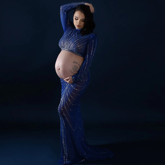 Maternity Party Elastic Mesh Nail Drill Dress