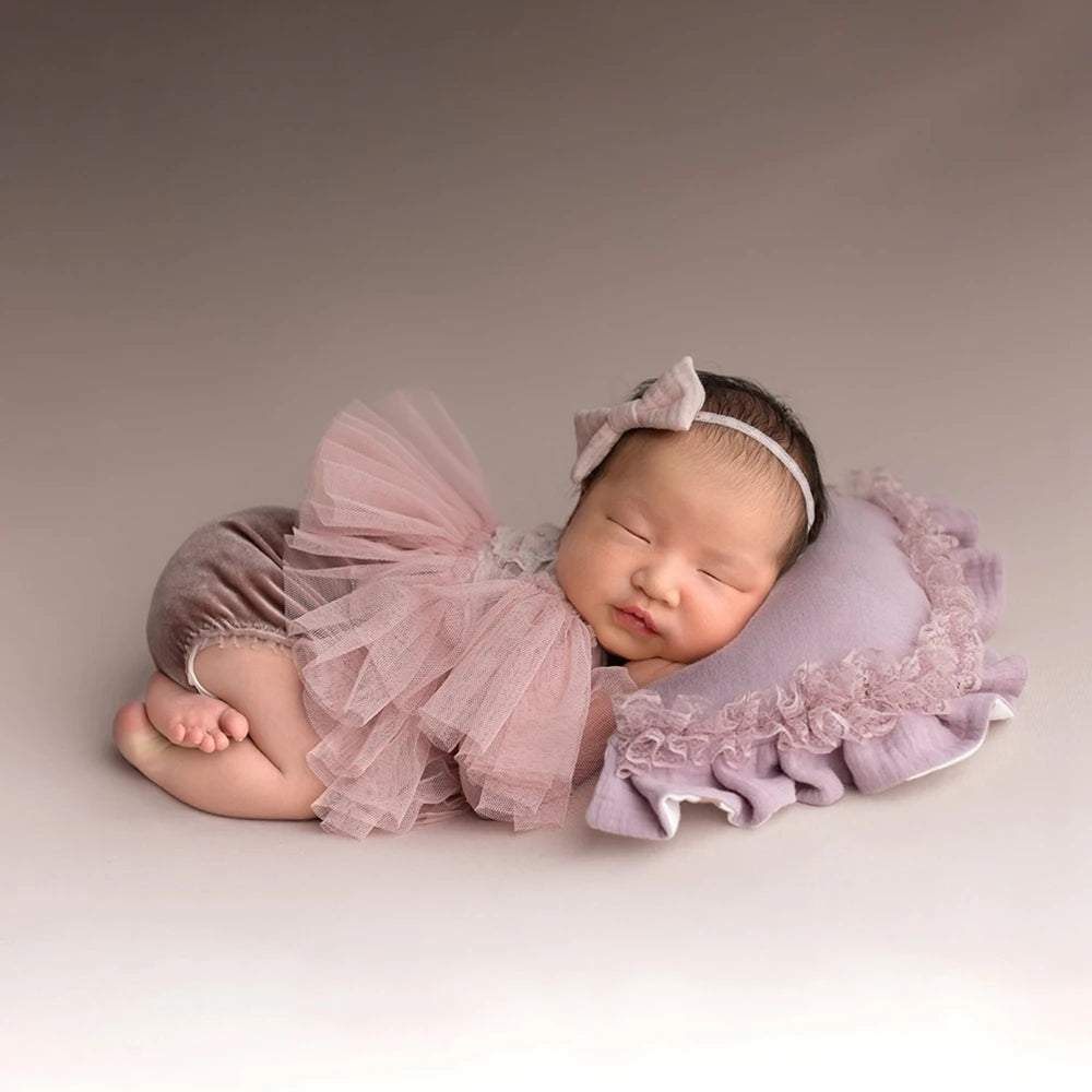 Newborn Photo Baby Girl Pink Lace Tutu Romper Velvet Shorties Ruffle Tulle Bow Headband