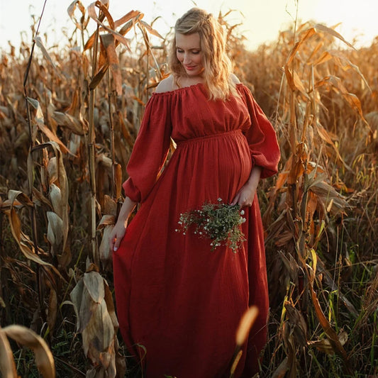 Maternity Bohemian Dress Comfort Linen Cotton One Shoulder Boho Style Baby Shower