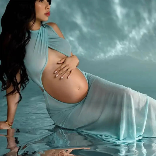 Maternity Sky Blue Sheer Gowns Comfortable Stretch Mesh Open Front Back