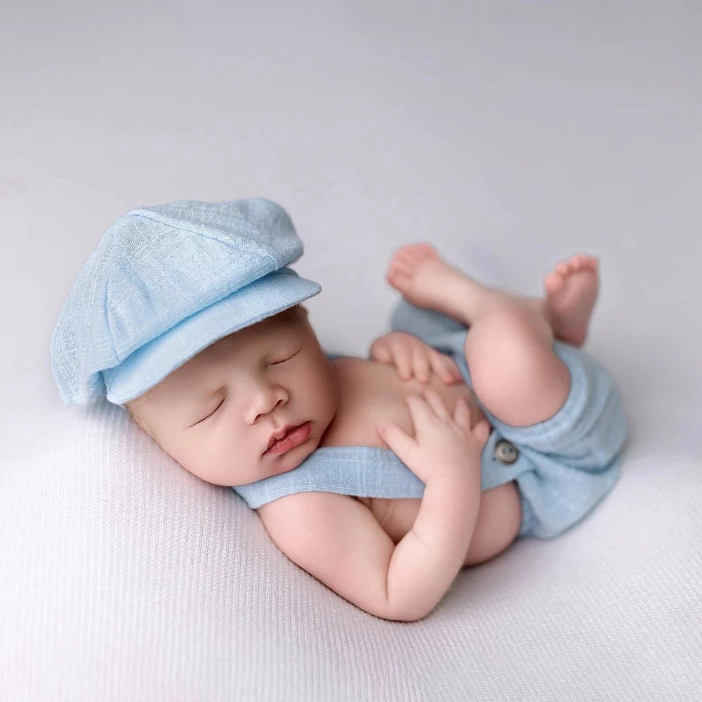 Baby Boy Vintage Newsboy Hat Linen Cotton Romper Suspenders