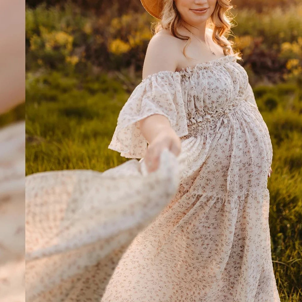 Maternity Dress Floral Chiffon Two-piece Long Sleeved Short Top Baby Showers