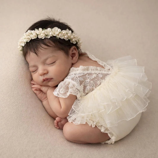Newborn Vintage Cream Lace Romper Ruffle Skirt Costume Princess Studio Wardrobe