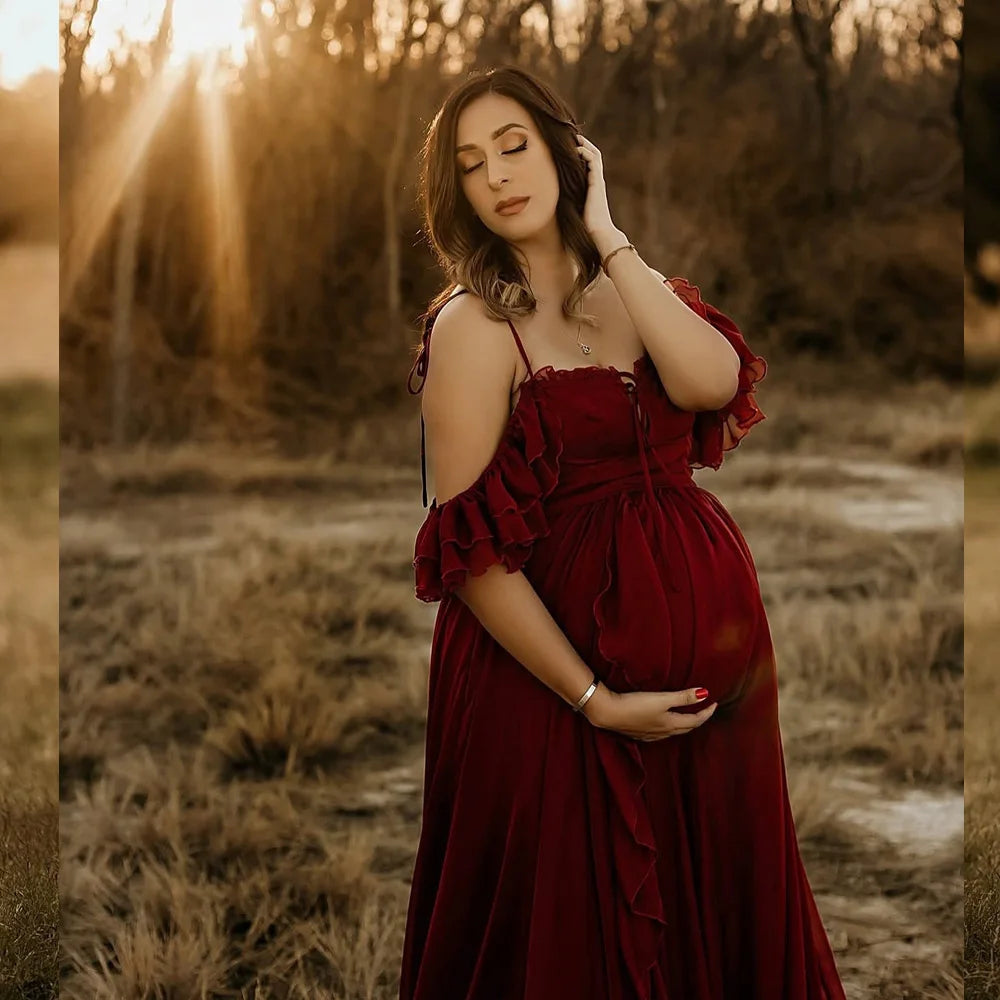 Maternity Photography Photography Studio Costumes Wine Red Elegant Chiffon Dress Photo Shoot Dress For Pregnant Women