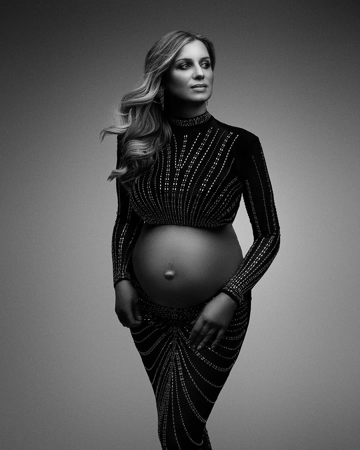 Maternity Party Elastic Mesh Nail Drill Dress