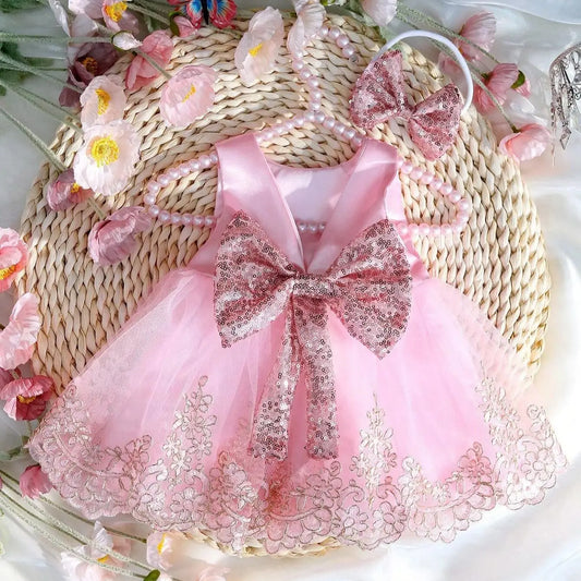 2pcs Pink Baby Girl Princess Lace Mesh Dress Bowknot Skirt Shower Newborn Set