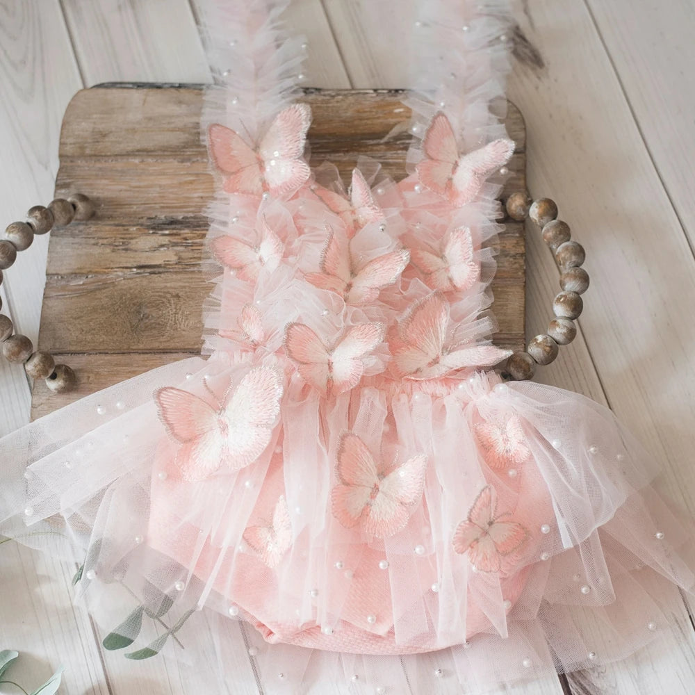 Newborn Butterfly Theme Girl Tutu Romper Pearl Beads Princess Dress Studio Clothing