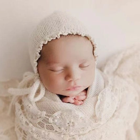 Newborn Knit Lace Hat Wrap Set Baby Vintage Soft Costume Bab