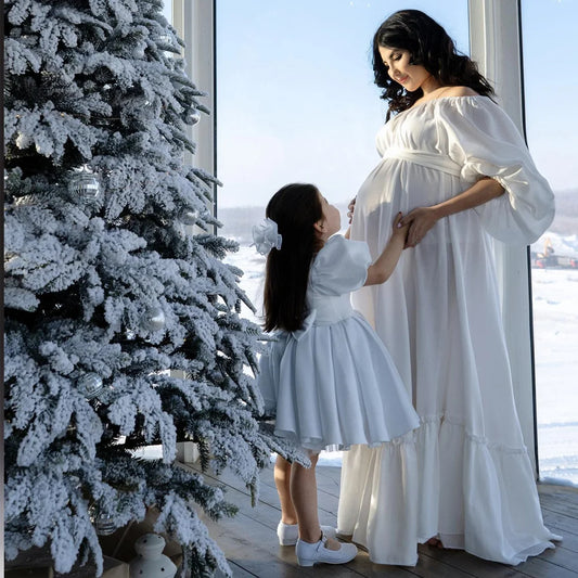 Bohemian Photo Shooting Pregnancy Dress Solid color soft cotton off shoulder waist lace up loose bubble sleeves maternity dress