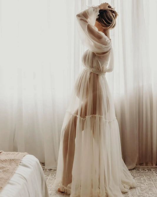 Photography Dress For Women White Transparent Chiffon V-neck Long Sleeved Dress Maternity Dress For Photo Shoot Pregnant