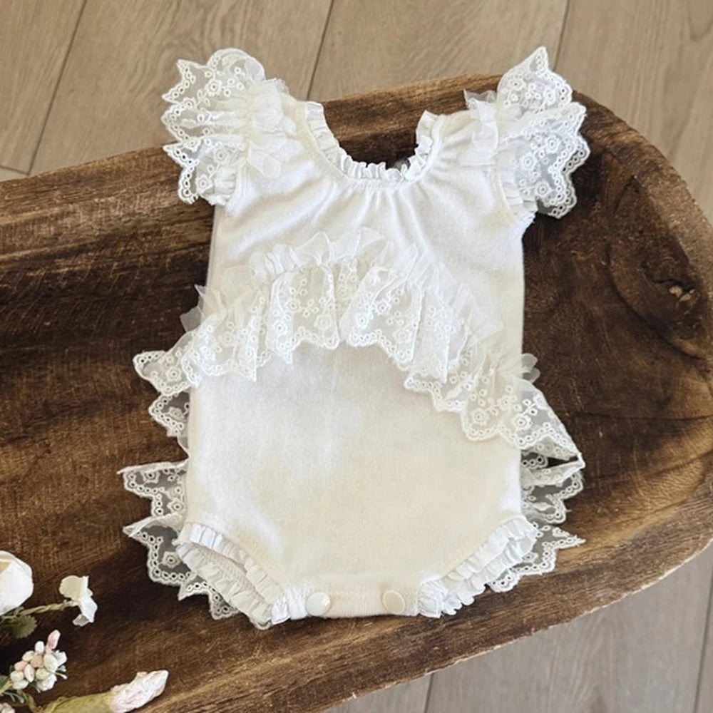 Newborn Baby Girl White Lace Ruffle Romper Bodysuit Costume