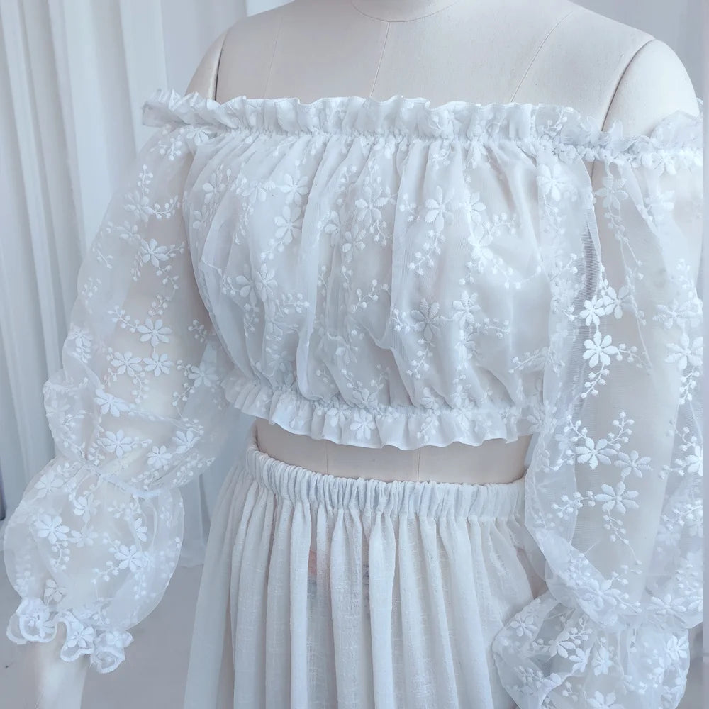 Maternity Bohemian Lace One Shoulder Short Top Linen Cotton Dress Baby Showers