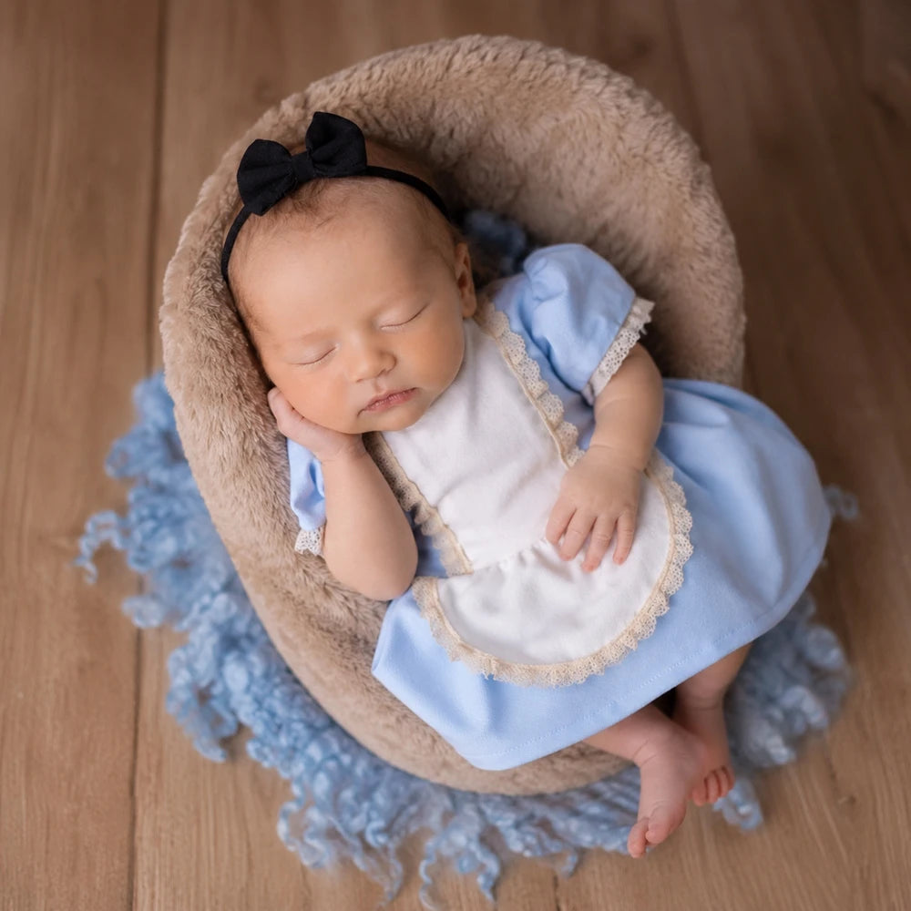Newborn Photography Props Blue Alice Costume Lace Romper Infant Photoshoot Outfits Baby Girl Studio Posing Jumpsuit Clothes