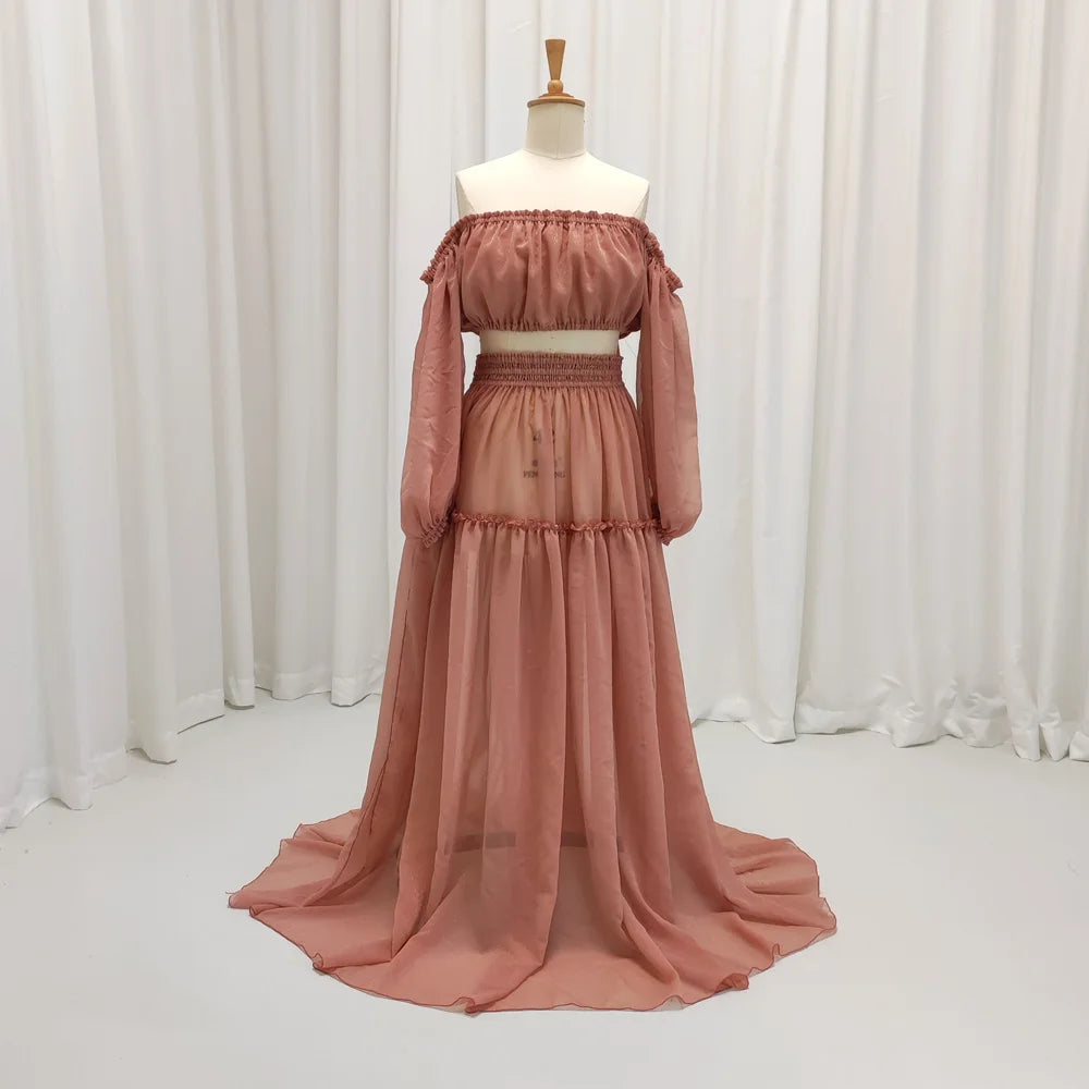 Boho Maternity Dress For Photo Shoot Woman Starlight Dot Chiffon Dress Off Shoulder Long Sleeve Beach Photography Gown