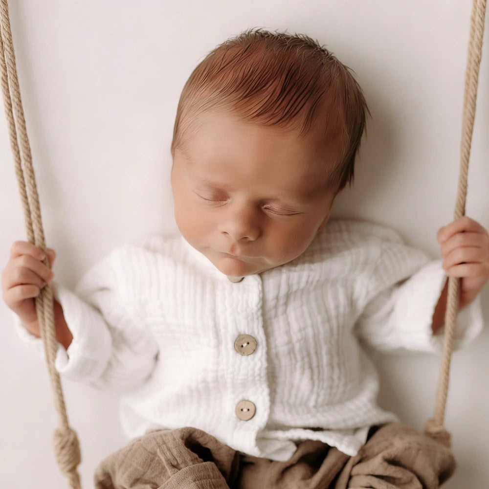 Cotton Muslin White Button Top Khaki Pants Baby Boy Set