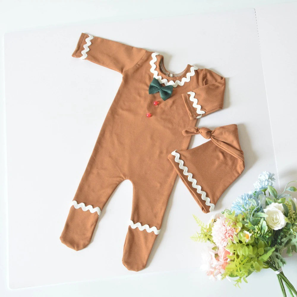 Newborn Christmas Gingerbread Long Sleeve Romper Hat Set Baby Holiday Costume Boutique