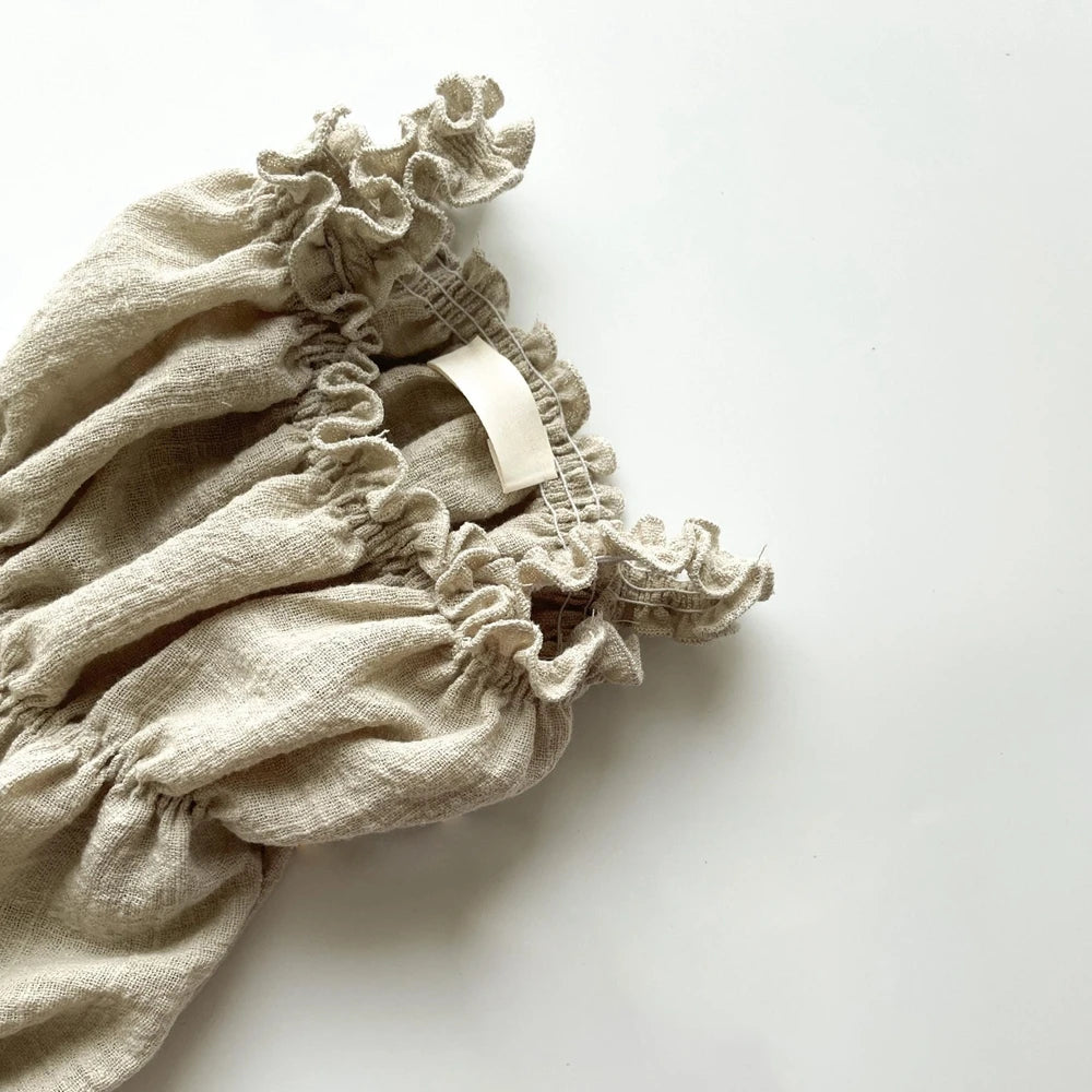 Baby Girl Beige Linen Cotton Off Shoulder Ruffle Puff Sleeve Romper