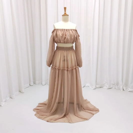 Boho Maternity Dress For Photo Shoot Woman Starlight Dot Chiffon Dress Off Shoulder Long Sleeve Beach Photography Gown