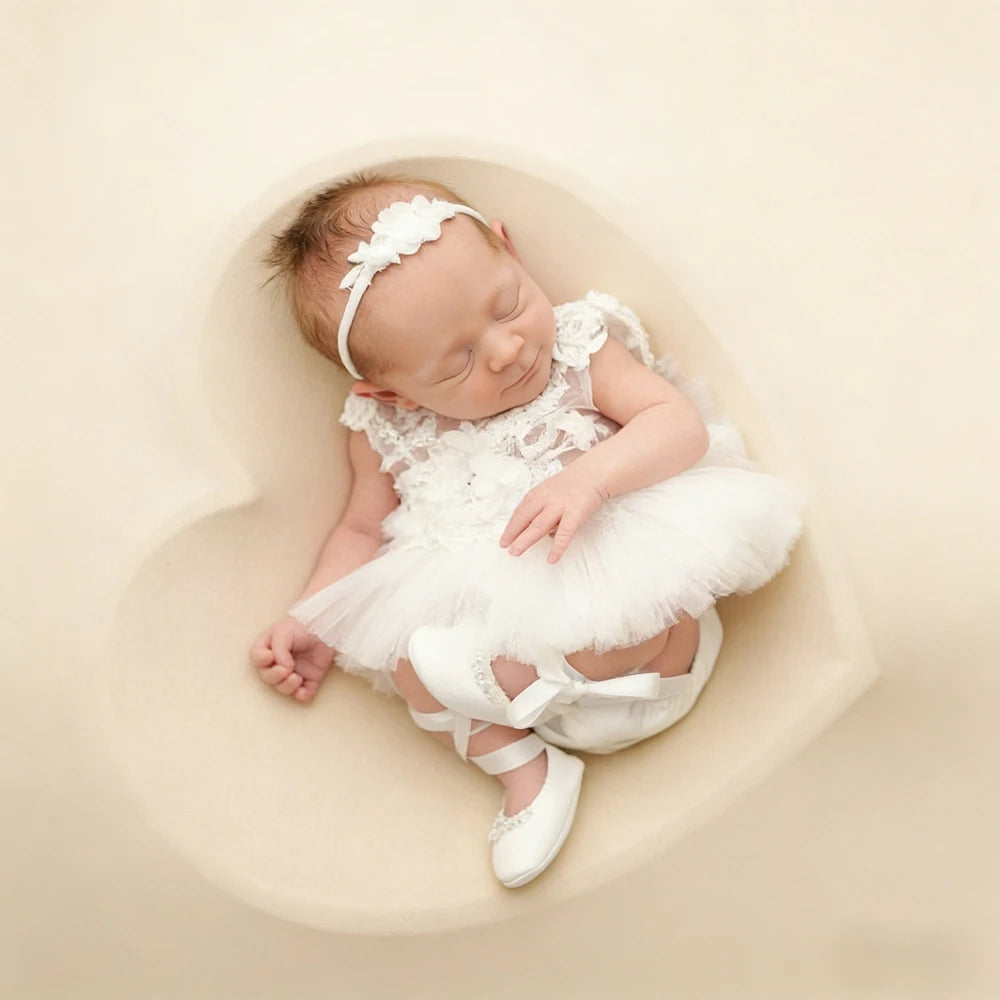 White Lace Tutu Romper Newborn Girl Pearl Ruffle Bodysuit Baby Jumpsuit