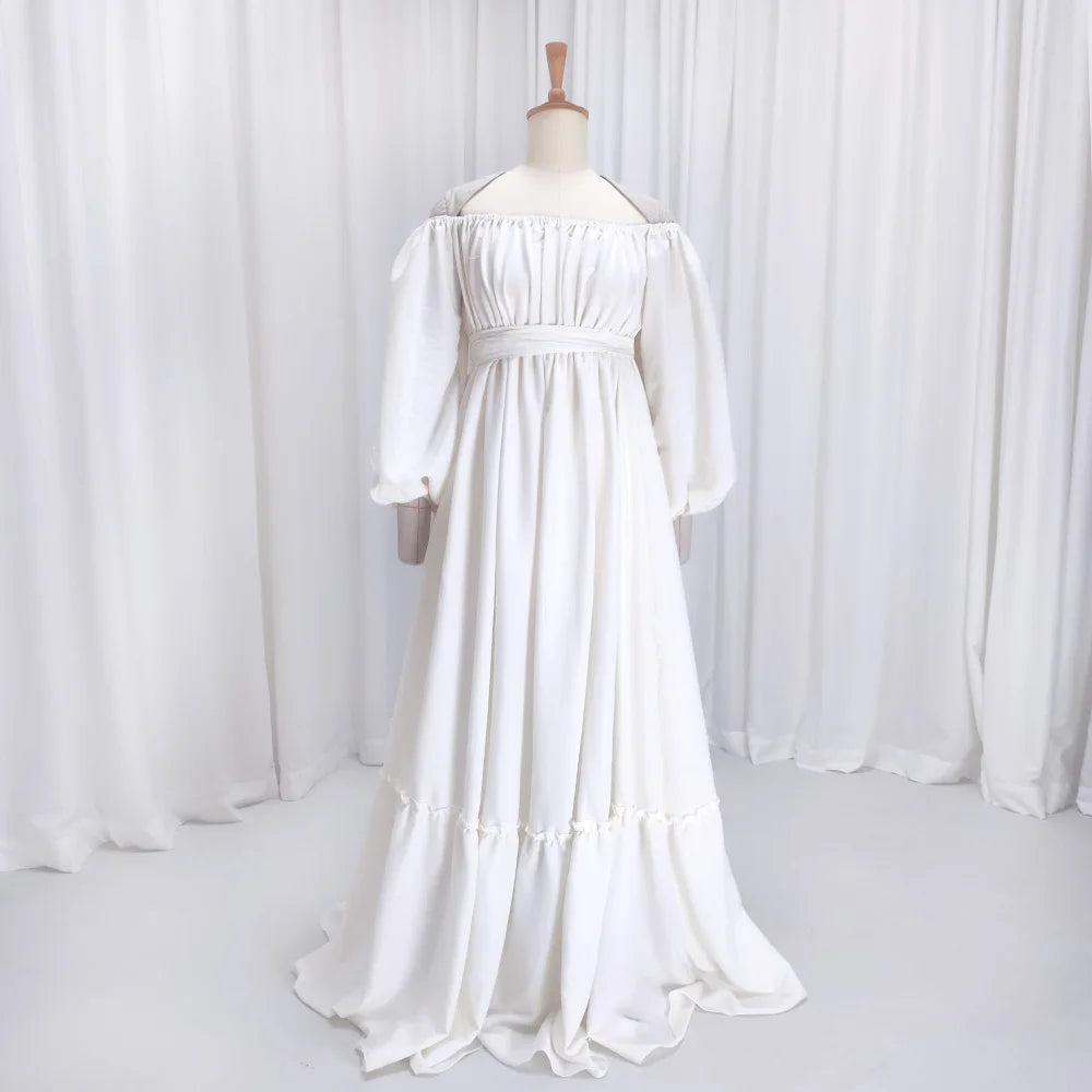 Bohemian Photo Shooting Pregnancy Dress Solid color soft cotton off shoulder waist lace up loose bubble sleeves maternity dress