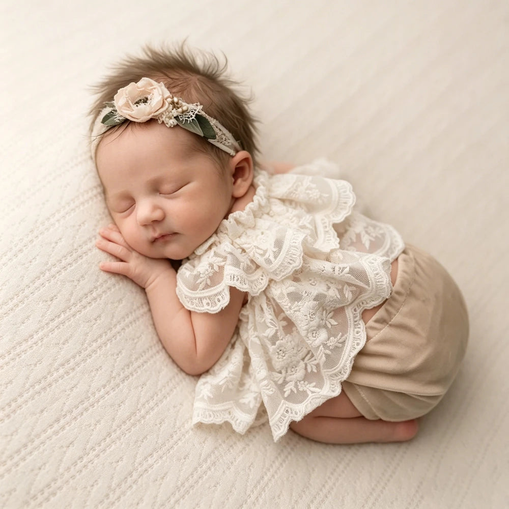 Baby Girl White Lace Ruffle Romper Newborn Dress Back Bow
