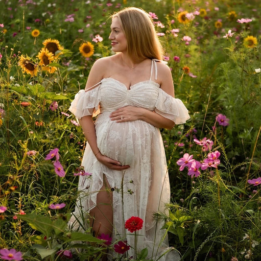 Maternity Beige Lace Two-piece Suspender Dress
