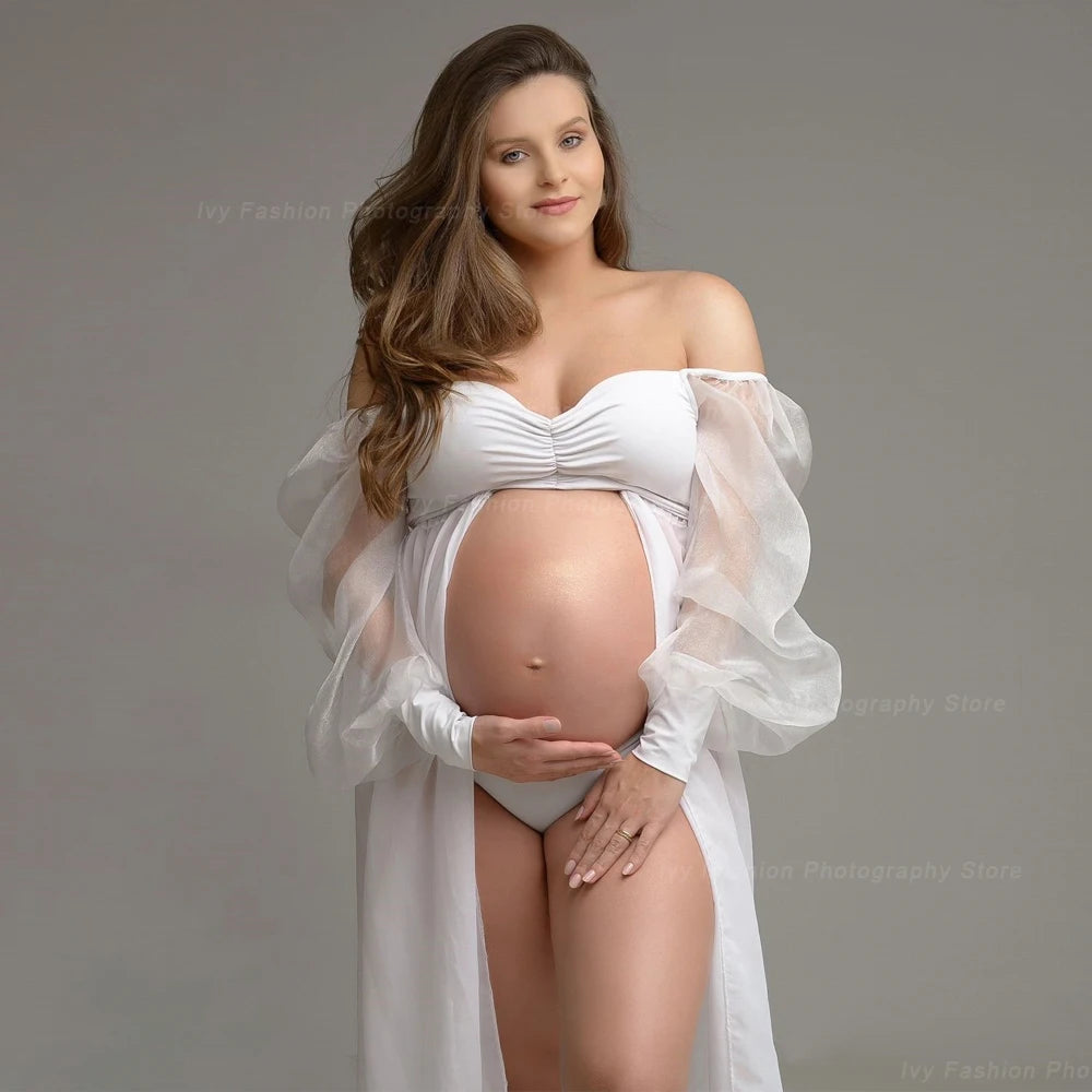 Maternity Dress Transparent White Chiffontulle Off Shoulder