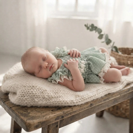 Vintage Newborn Photo Sage Green Polka Dot Ruffle Romper Onesie Dress