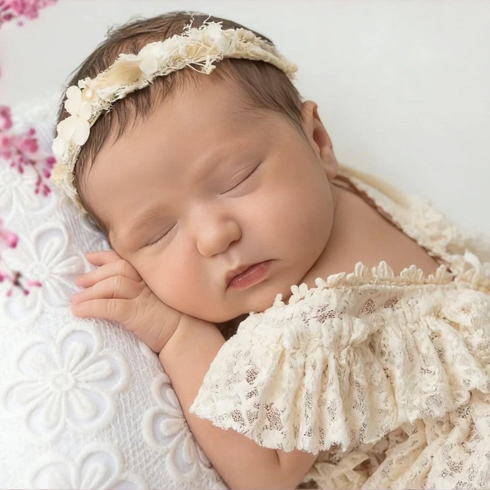 Beige Lace Ruffle Off Shoulder Romper Newborn Baby Girl Clothing